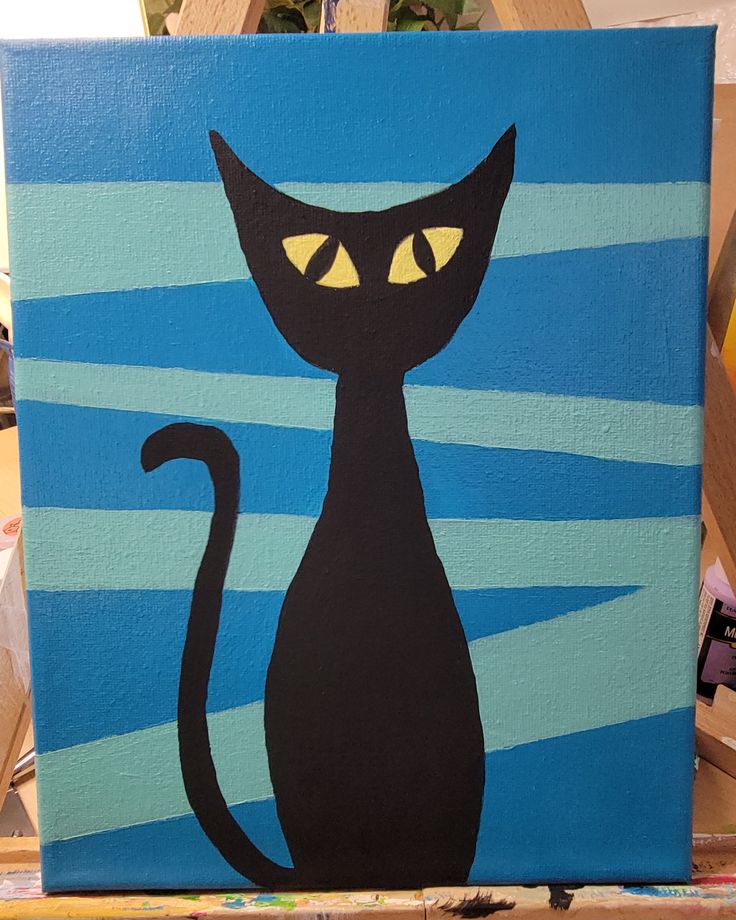 retro black cat acrylic painting with blue background